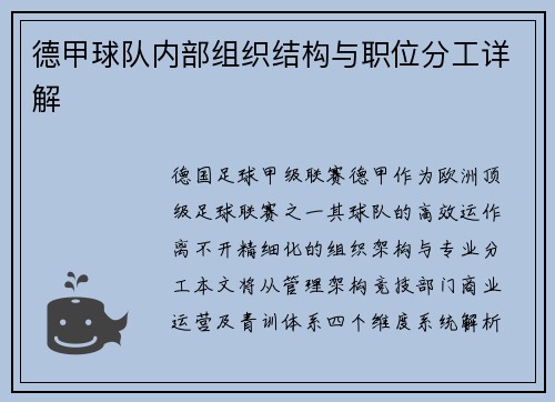 德甲球队内部组织结构与职位分工详解