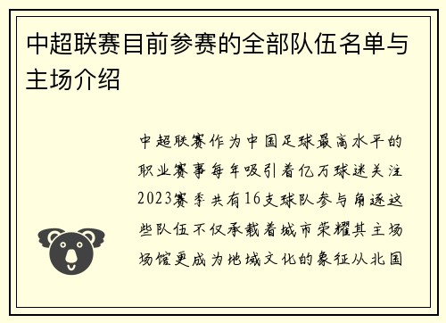 中超联赛目前参赛的全部队伍名单与主场介绍