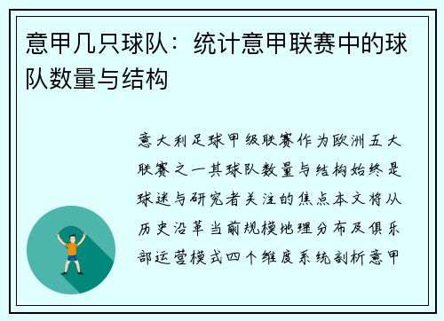 意甲几只球队：统计意甲联赛中的球队数量与结构