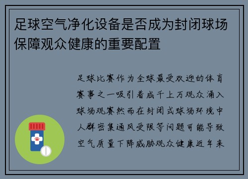 足球空气净化设备是否成为封闭球场保障观众健康的重要配置